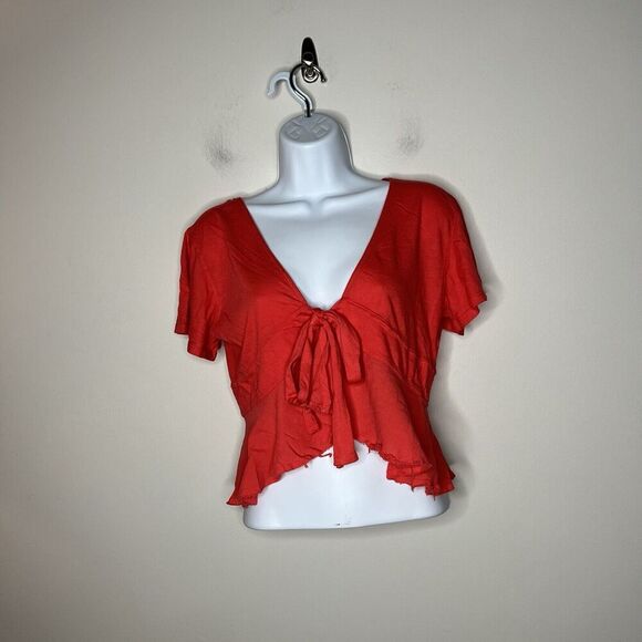 We The Free Top Womens XS Red Boho Ruffle Front Tie Cotton Crop - Picture 12 of 13